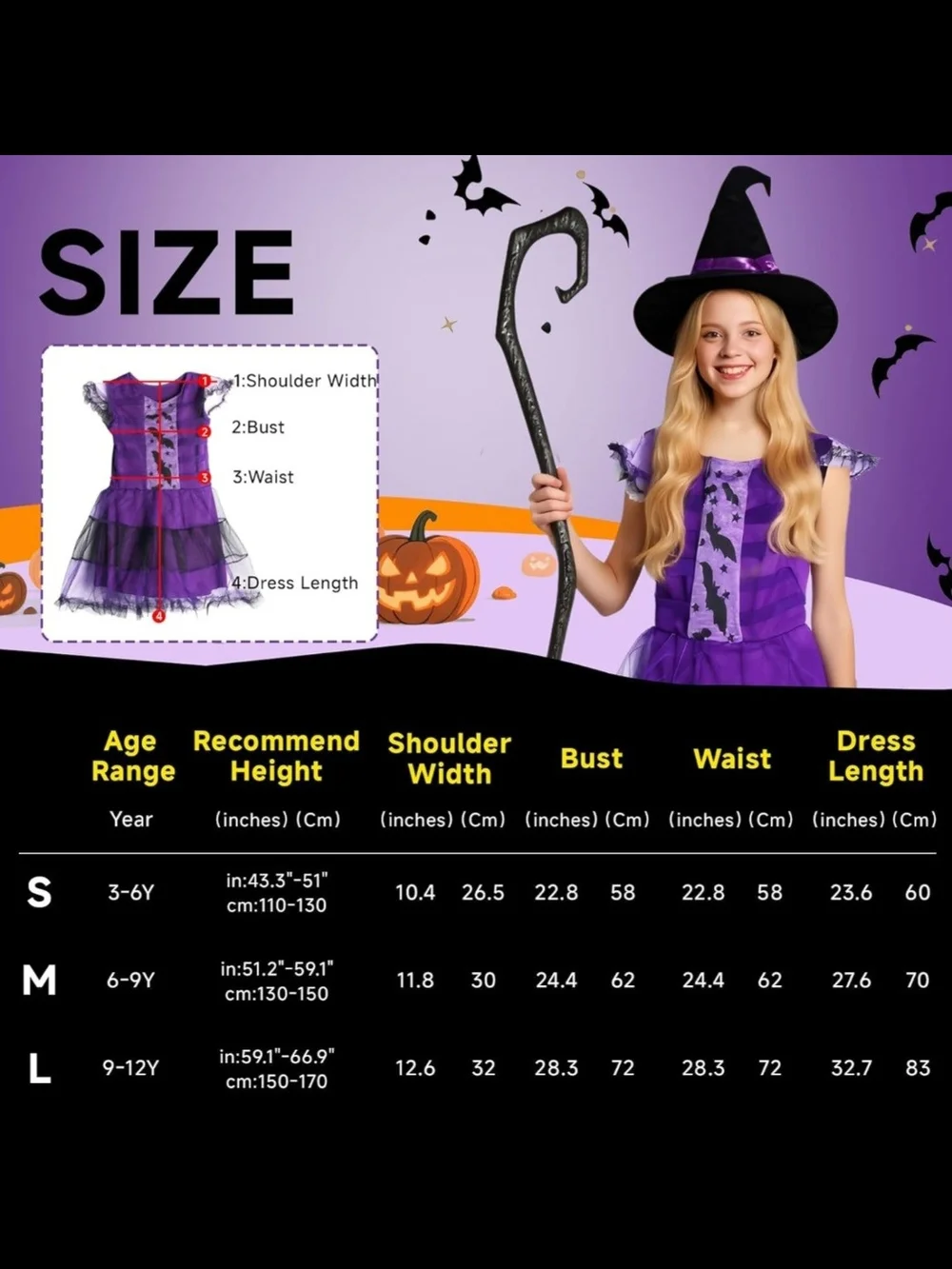 Kids Witch Halloween Costume Set Size M Purple Dress Hat & Broom